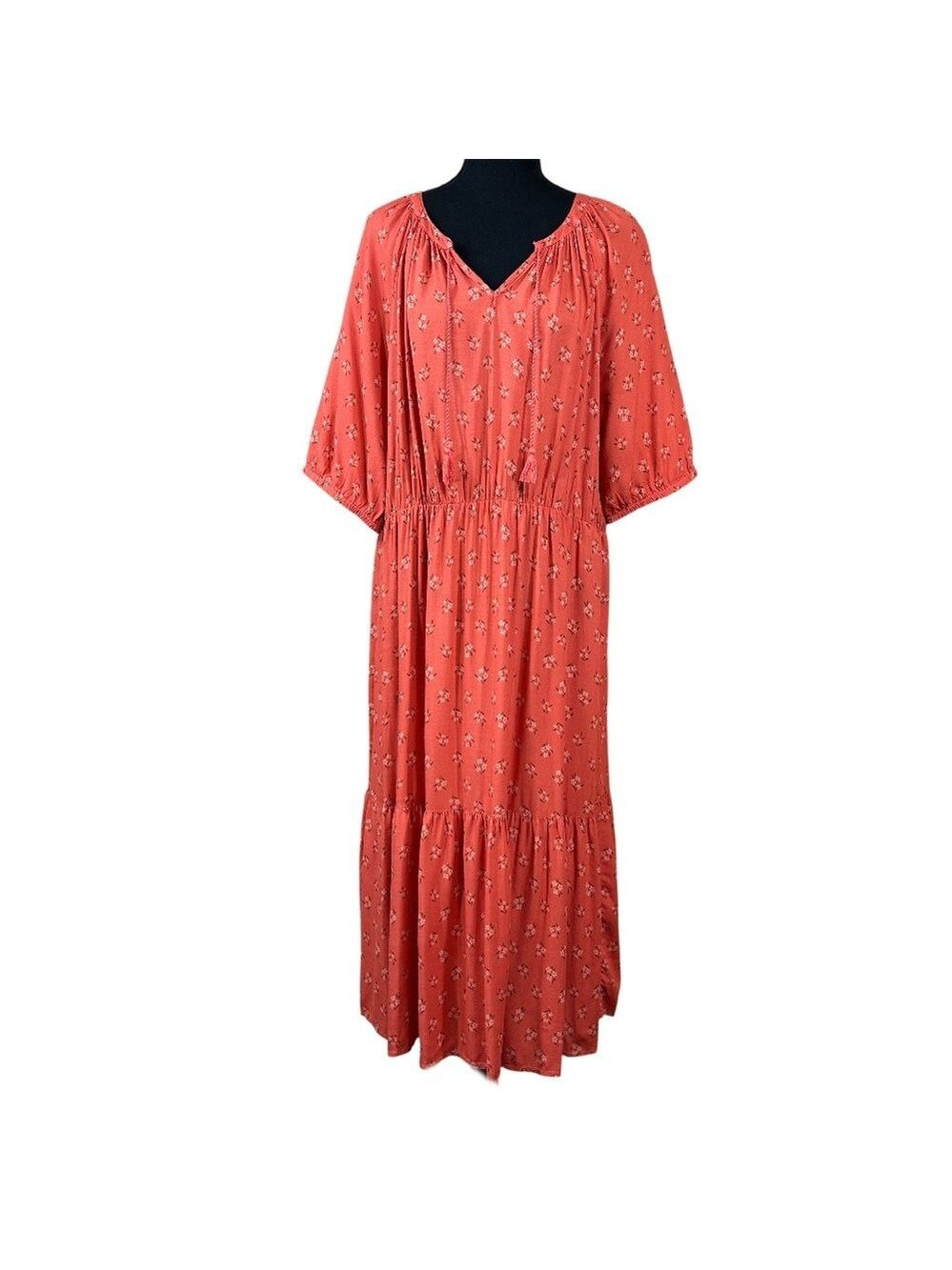 Beachlunchlounge Orange Floral Cottagecore Tiered Peasant Dress Size XL